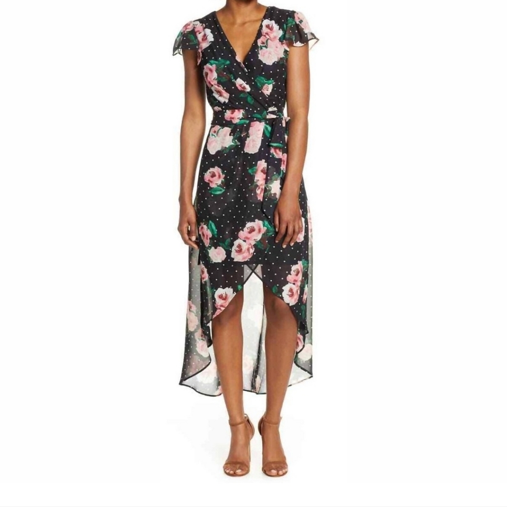 Julia Jordan Faux Wrap Black Dots Floral High Low Chiffon Dress